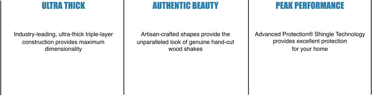 Ultra Thick    Industry-leading, ultra-thick triple-layer  construction provides maximum dimensionality Authentic Beauty    Artisan-crafted shapes provide the  unparalleled look of genuine hand-cut wood shakes Peak Performance    Advanced Protection® Shingle Technology provides excellent protection  for your home